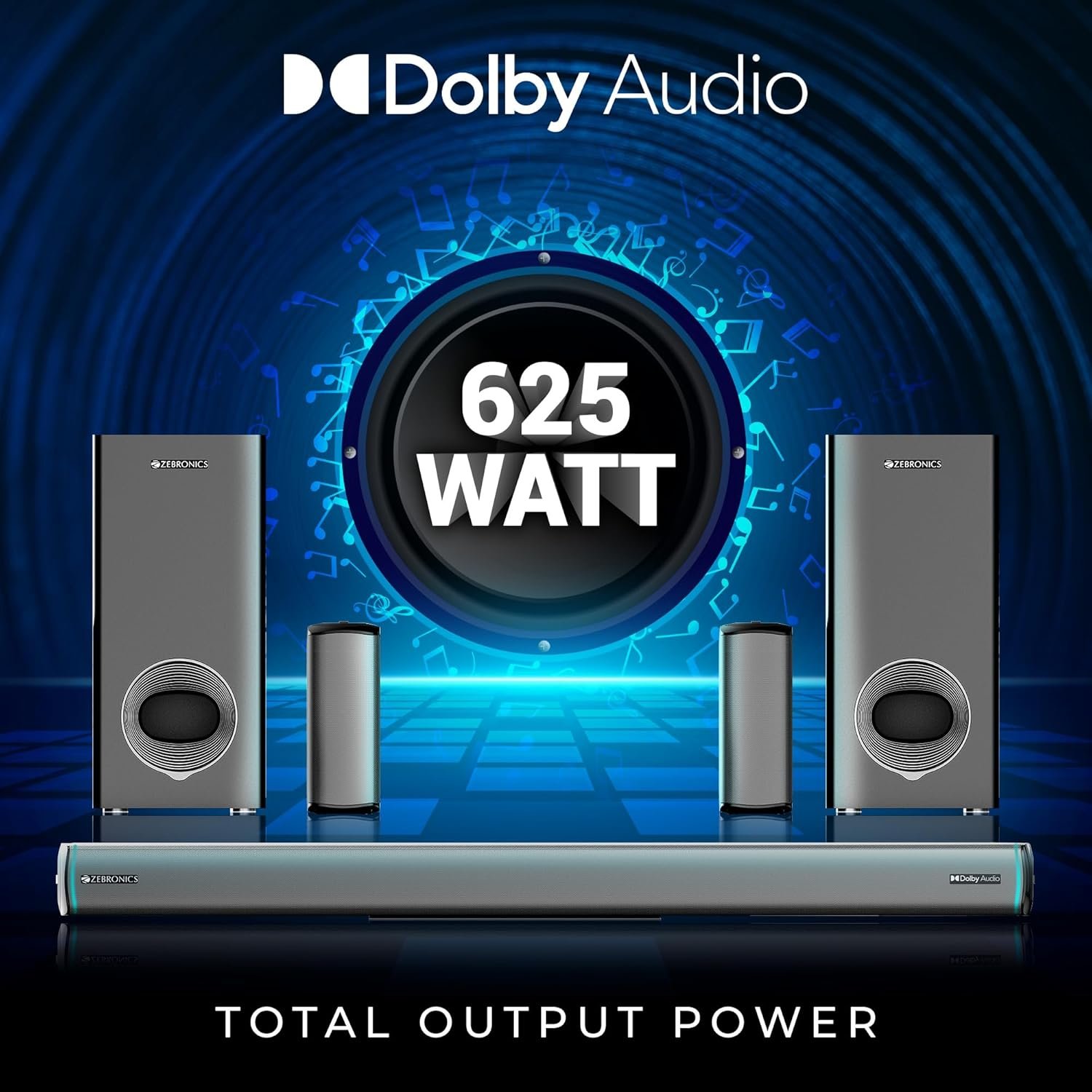 ZEBRONICS Juke bar 9550 pro 5.2 Soundbar (625 Watts), Dolby Audio, Dual Wireless Subwoofer &amp; Satellite, BT v5.3, HDMI ARC, Optical, Powerful Bass, RGB LED Lights, Wall Mountable - View 10