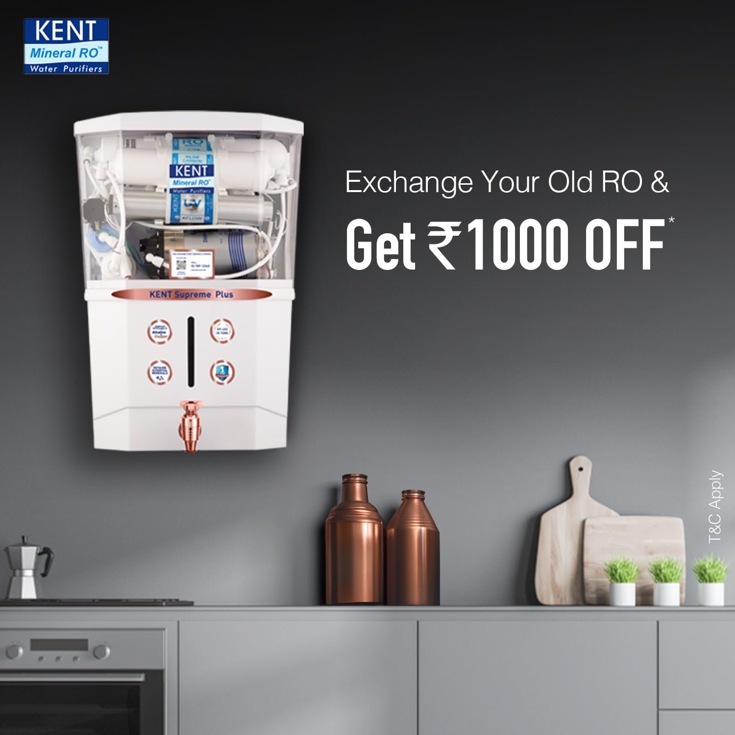 KENT Supreme Plus Alkaline+Copper RO Water Purifier | RO+UV+UF+Alk +Cu+TDSControl+UV LED Tank|Advanced ROTech for Sabse Shudh Paani | Auto Flush | 8L| 20LPH | Ideal for Borewell/Tanker/Municipal Water - View 7
