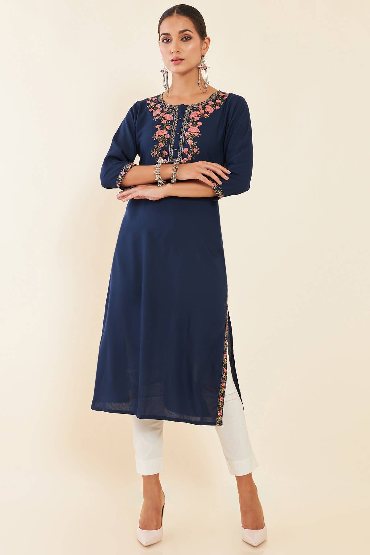 Navy Blue Floral Embroidered Rayon Kurta - Image 2