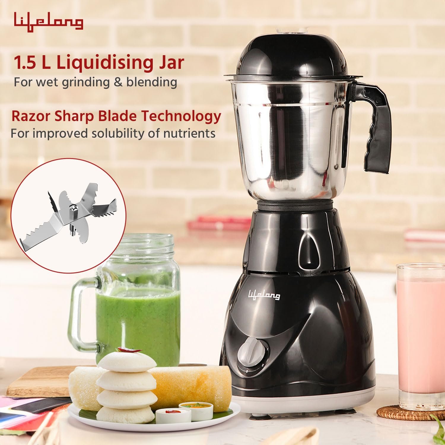 Lifelong Mixer Grinder for Kitchen - 3 Jars 500 Watt Mixie - Chutney Jar, Dry Grinder Jar &amp; Liquidizing Jar used as Wet Grinder &amp; Blender for Milkshake, Smoothie, Puree -Stainless Steel Blades(LLMG23) - View 3