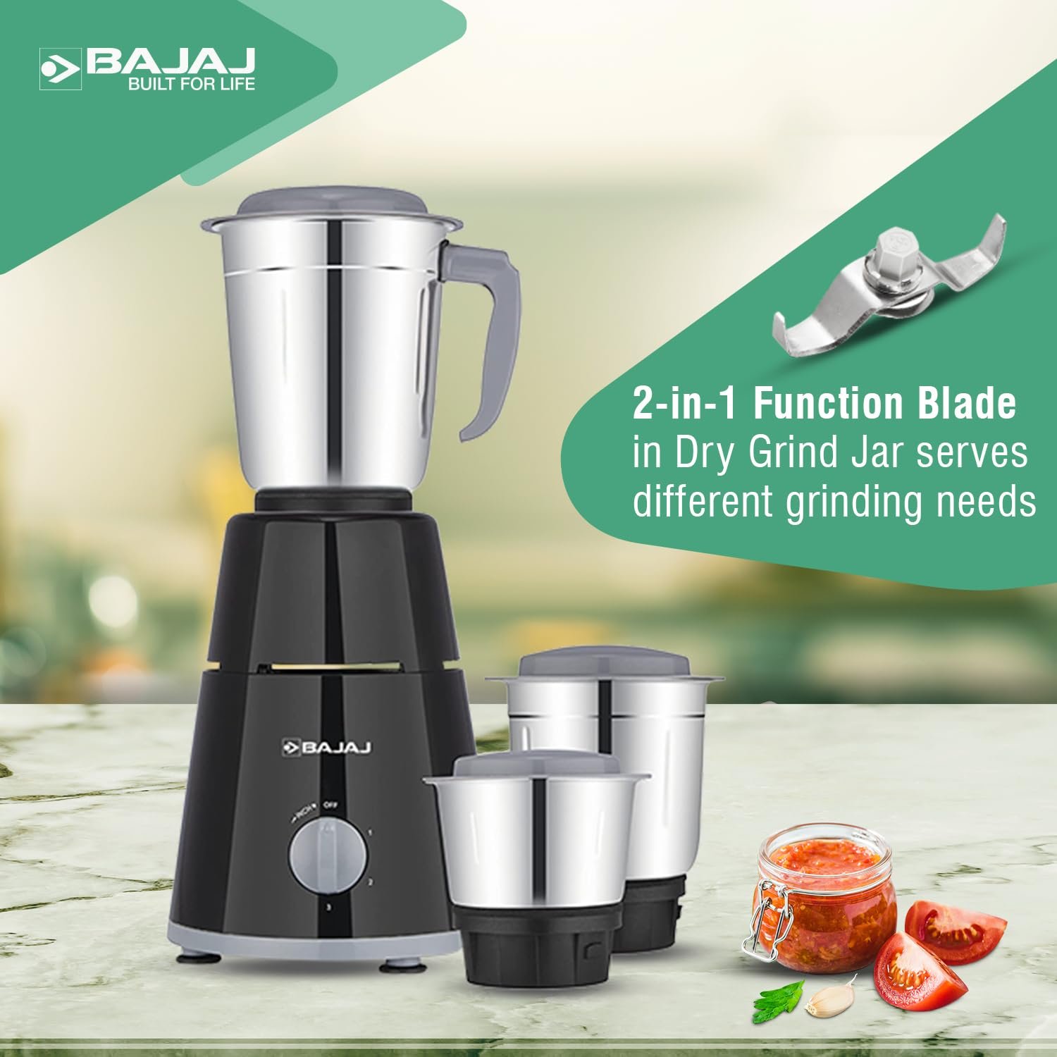 Bajaj GX-1 Mixer Grinder 500W|Superior Mixie For Kitchen|2-in-1 for Dry Grinding| Blade Function With Titan Motor|3 Stainless Steel Mixer Jars|1 Year... - View 5